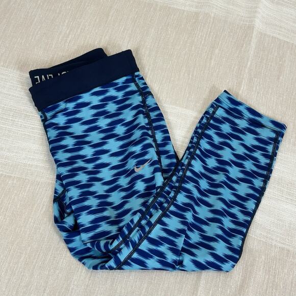 NIKE Dri Fit Capri Running Leggings Women's Medium Blue Aqua Fold Over Relay M - Picture 1 of 11